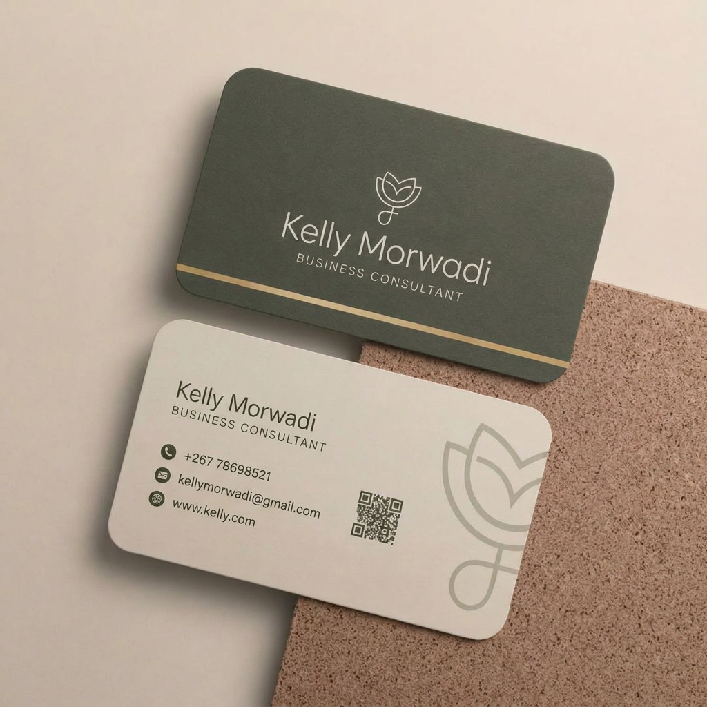 A Seriti Card, front and back, showing a name, title, contact details and a scannable QR code