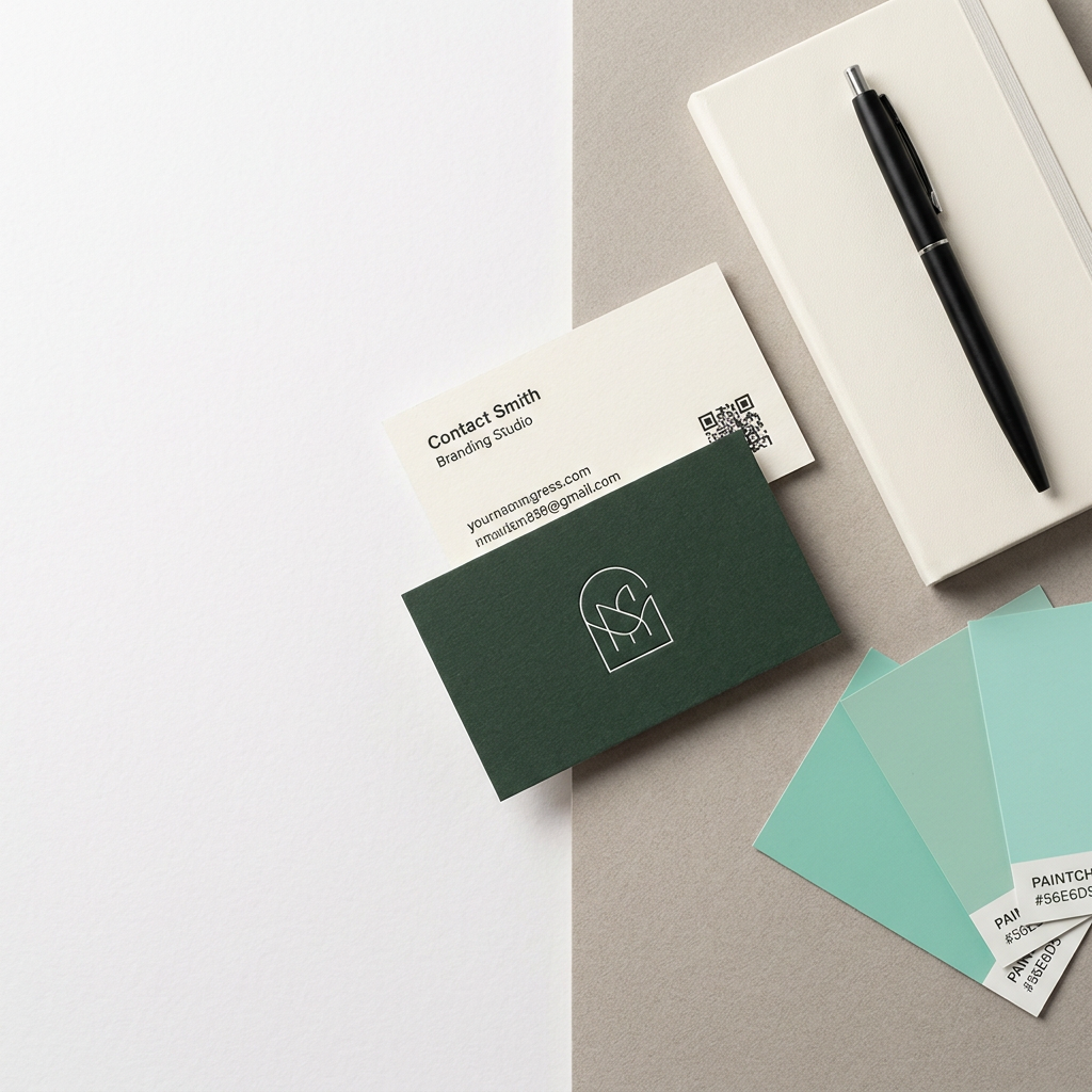 Branding materials laid out on a desk: business cards, a notebook and mint-green color swatches